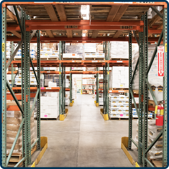 Looking down an aisle in the warehouse