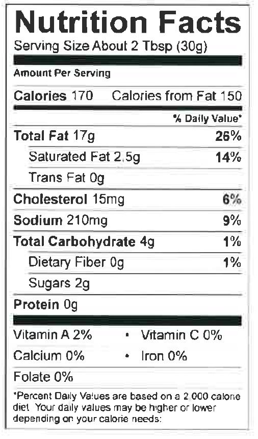 Nutrition Facts Tartar Sauce